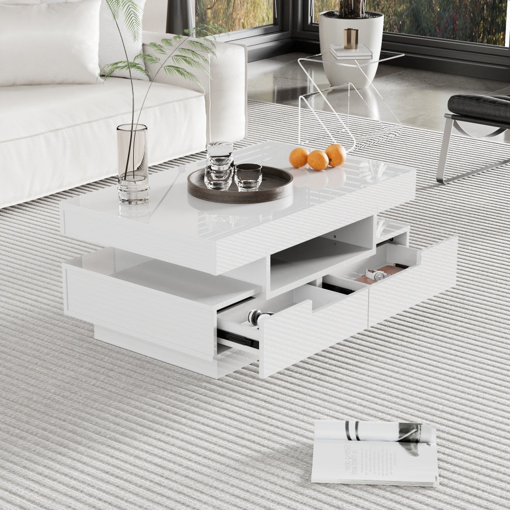 Salontafel – Koffietafel – Bijzettafel – Woonkamertafel – Opbergtafel – Hoogglans Wit – 4 Lades – Ruime Opbergruimte – Duurzaam Samengesteld Hout – Geen Montage Nodig