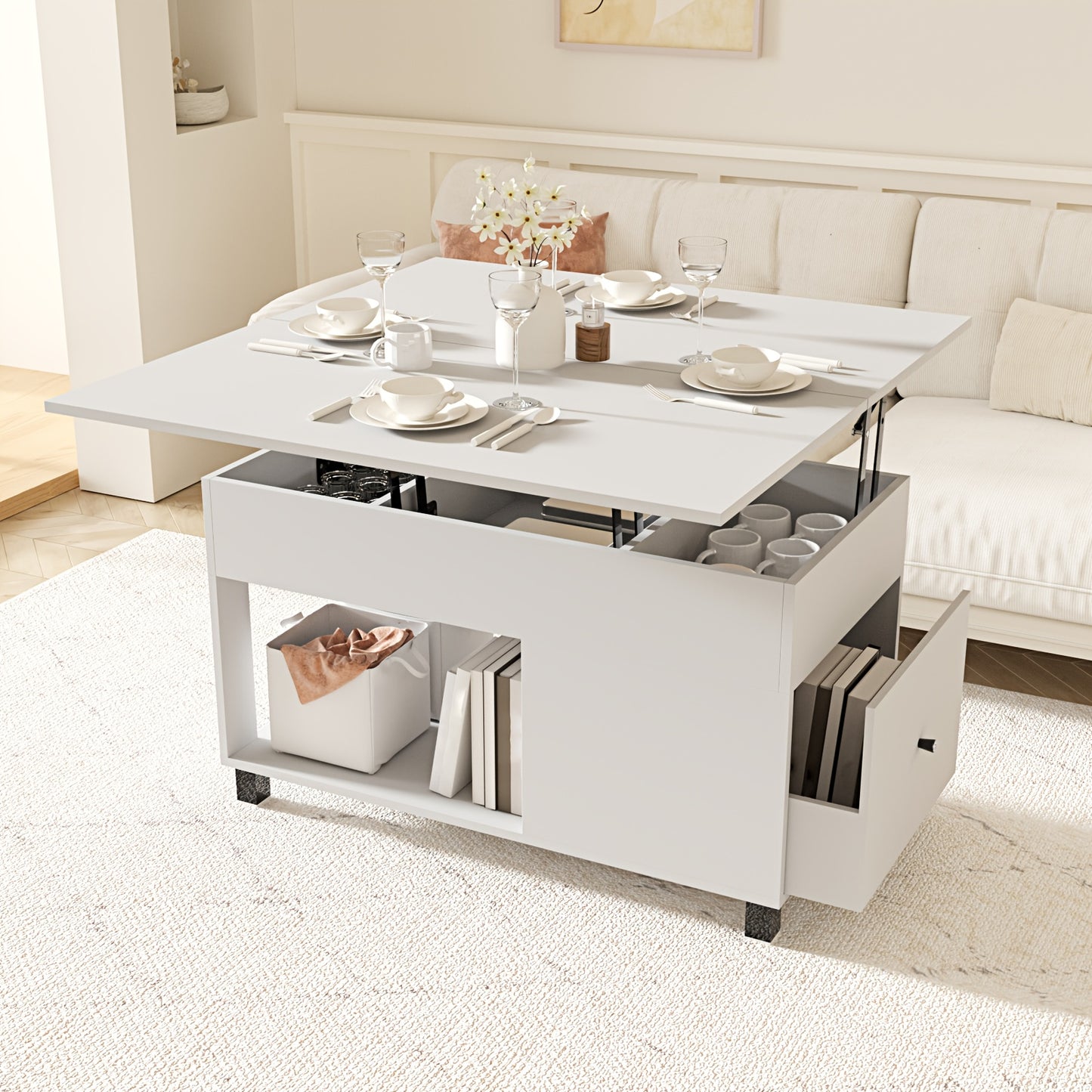 Salontafel – Koffietafel – Bijzettafel – Woonkamertafel – Tafel – Verstelbare Hoogte – Verhoogbaar Tafelblad Met Lades