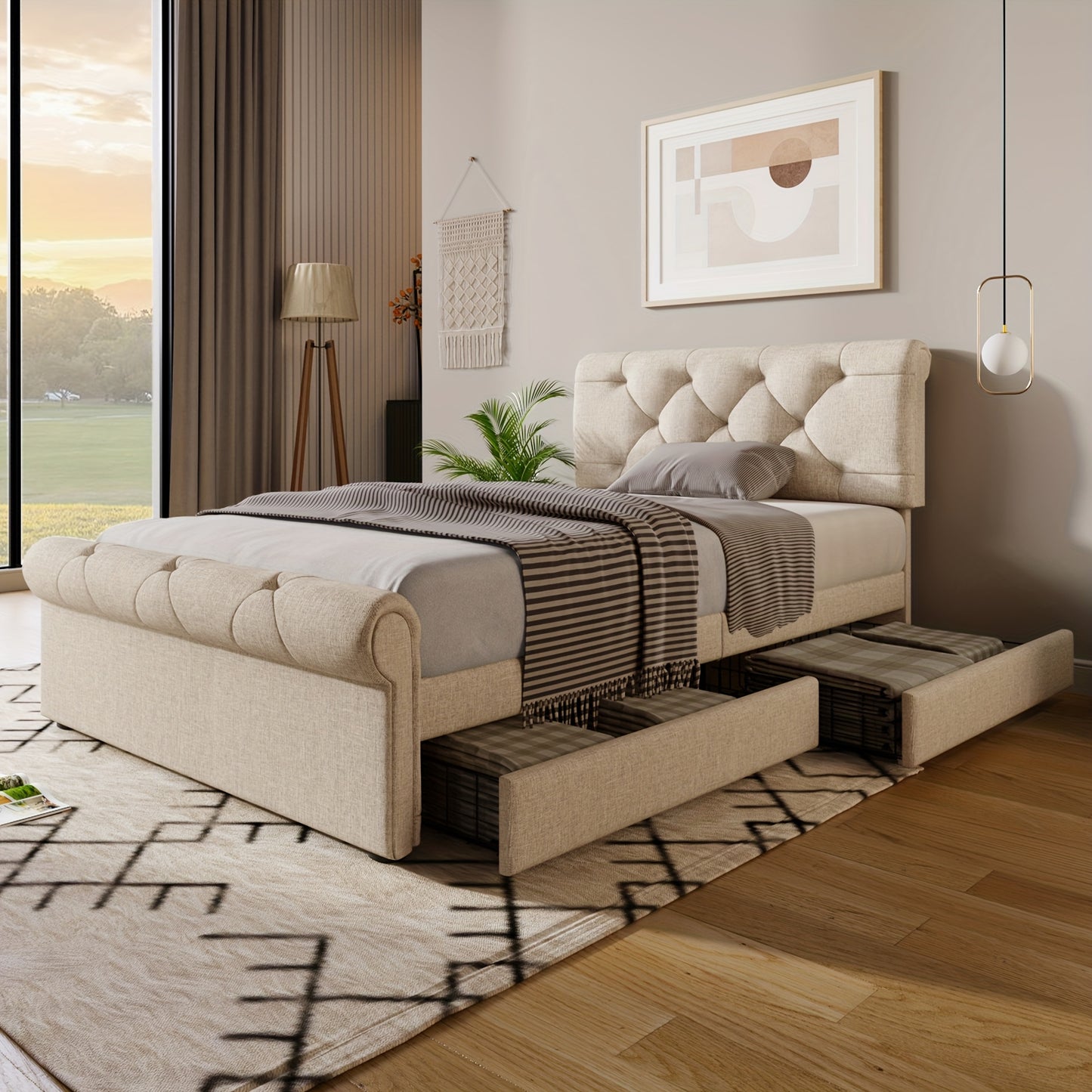 Eenpersoonsbed – Bed – Slaapbank – Logeerbed – Kinderbed – 90x200 cm – 2 Opberglades – Verstelbaar Hoofdeinde – Chesterfield Design – Natuurlijke Khaki Kleur