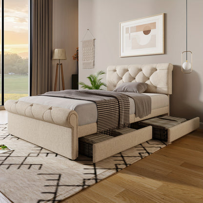 Eenpersoonsbed – Bed – Slaapbank – Logeerbed – Kinderbed – 90x200 cm – 2 Opberglades – Verstelbaar Hoofdeinde – Chesterfield Design – Natuurlijke Khaki Kleur