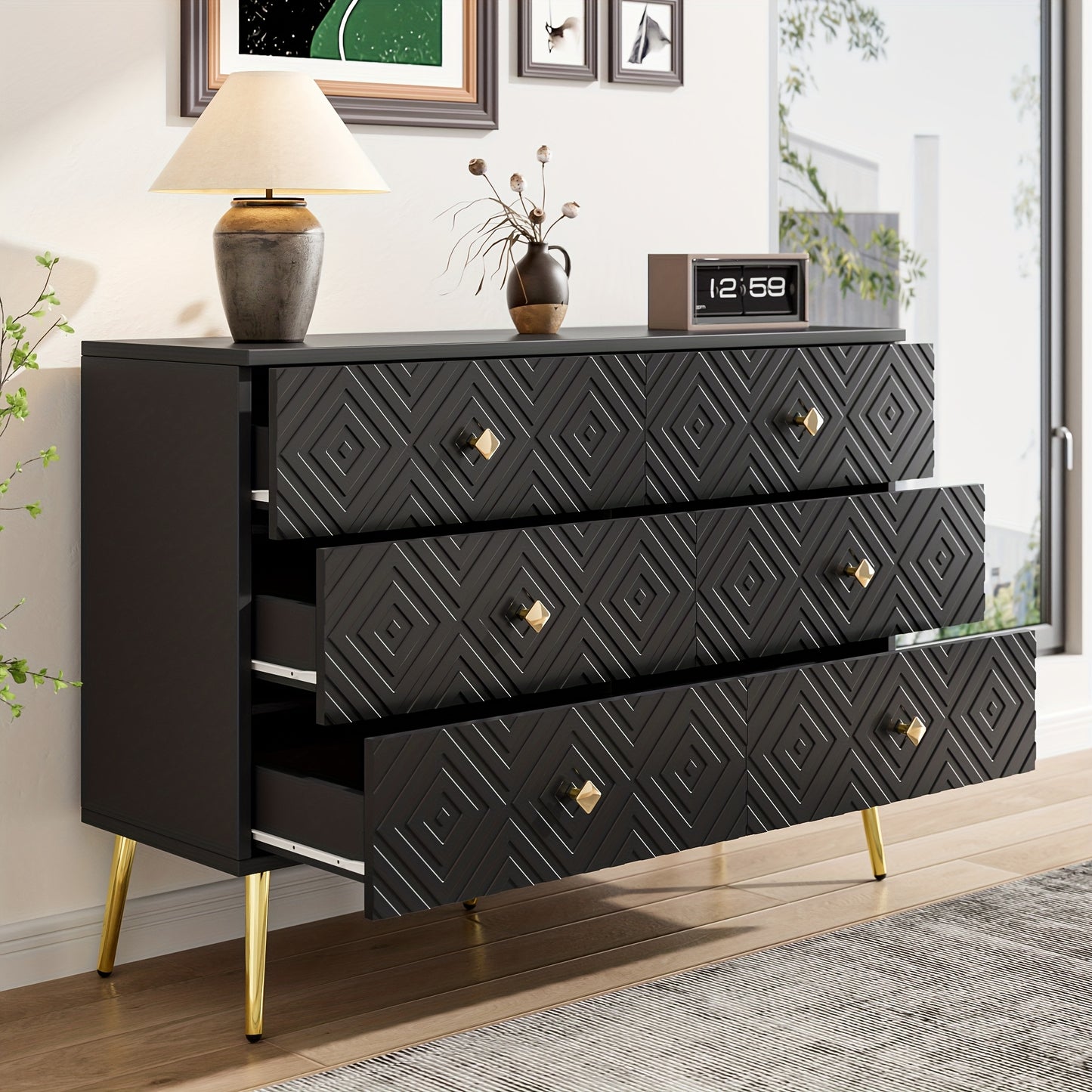 Ladekast – Ladenkast – Commode – Opbergkast – Dressoir – Zes Lades – Modern Ontwerp – 120x40x80 cm – Zwart Met Gouden Accenten – Metalen Poten – Stevig & Duurzaam