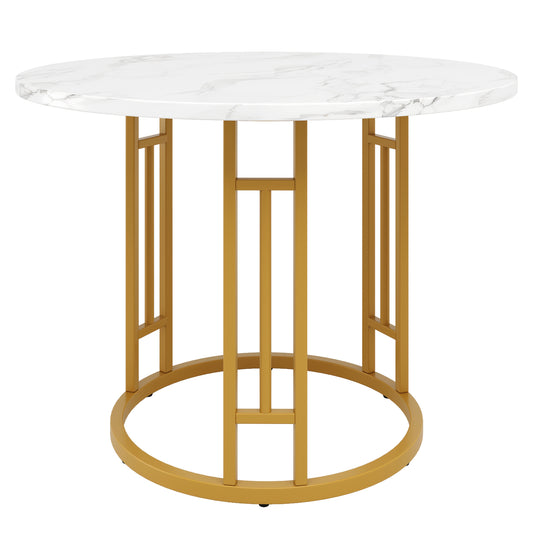 Round Dining Table (80×80×76cm), 4-Person Kitchen Coffee Table, Stylish Metal Legs with MDF Marble Top, Perfect for Living Room or Dining Room – Golden Finish