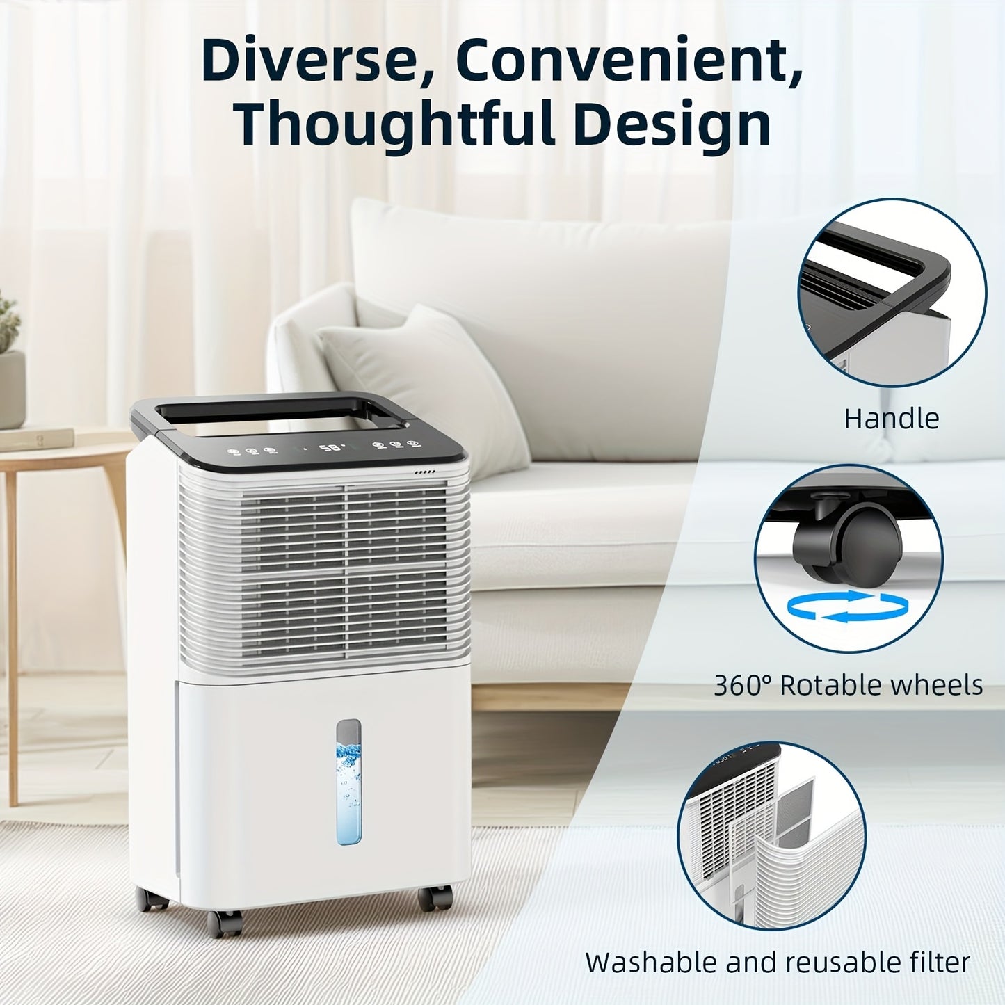 Ontvochtiger – Luchtontvochtiger – Vochtvreter – Vochtcontroller – Vochtabsorbeerder – 16L/Dag Capaciteit – Stil & Intelligent Vochtregeling – Slaapstand 30dB – Voor Ruimtes Tot 120m² – Compact Design