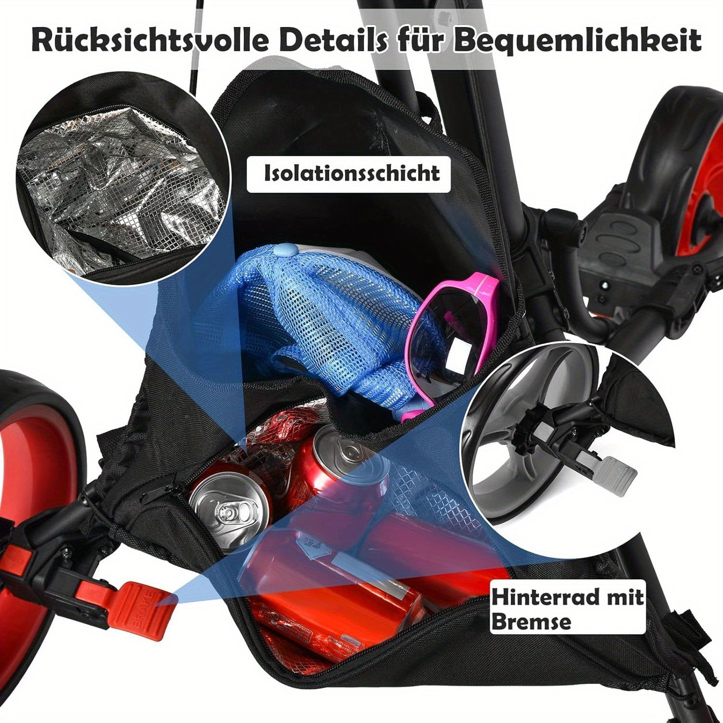 Golftrolley – Golfwagen – Golf Caddy – Golf Pushcart – 3-wiel trolley – Verstelbaar Handvat – Voetrem – Inklapbaar – Parapluhouder – Bekerhouder – Zwart/Rood