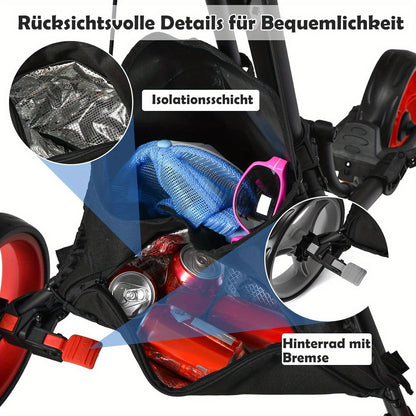 Golftrolley – Golfwagen – Golf Caddy – Golf Pushcart – 3-wiel trolley – Verstelbaar Handvat – Voetrem – Inklapbaar – Parapluhouder – Bekerhouder – Zwart/Rood