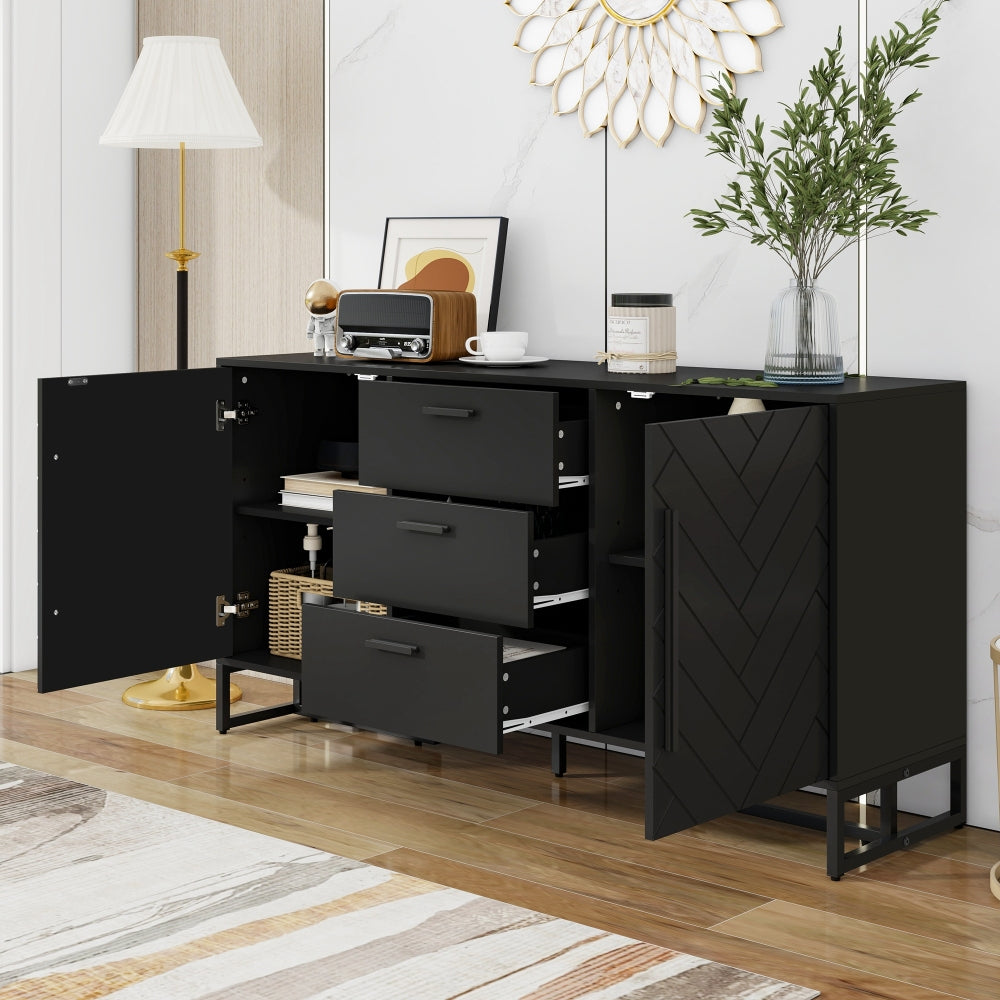 Dressoir – Opbergkast – Buffetkast – Ladekast – Wandkast – Wit – Visgraatpatroon – 2 Deuren & 3 Laden – Eigentijds Design
