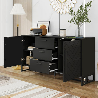 Dressoir – Opbergkast – Buffetkast – Ladekast – Wandkast – Wit – Visgraatpatroon – 2 Deuren & 3 Laden – Eigentijds Design