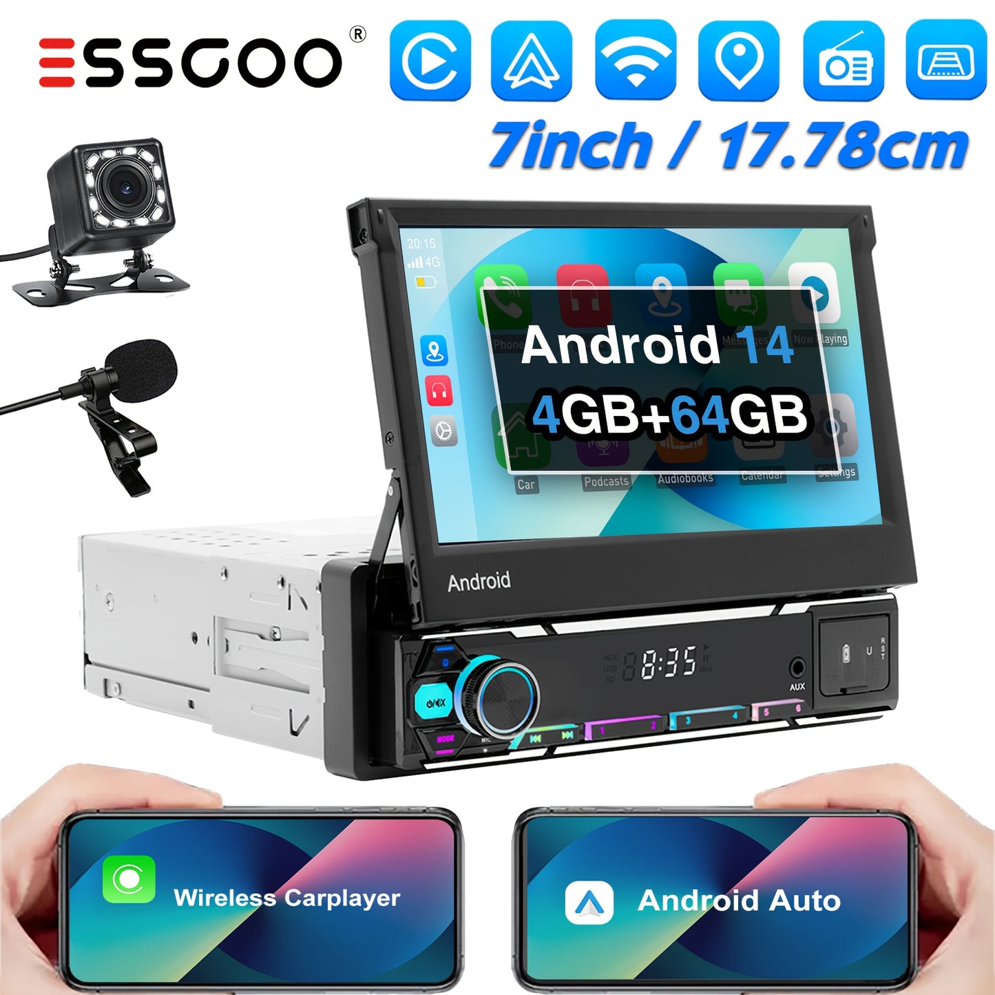 Autoradio – Multimedia Speler – Auto Stereo – 1 DIN Radio – Navigatiesysteem – Met Camera & Microfoon – 7 Inch Flip-Out Touchscreen – Android 14 Systeem met Draadloze CarPlay & Android Auto