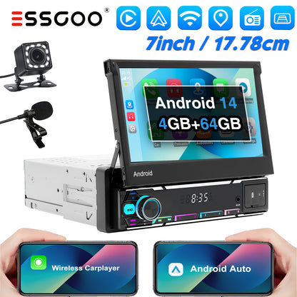 Autoradio – Multimedia Speler – Auto Stereo – 1 DIN Radio – Navigatiesysteem – Met Camera & Microfoon – 7 Inch Flip-Out Touchscreen – Android 14 Systeem met Draadloze CarPlay & Android Auto