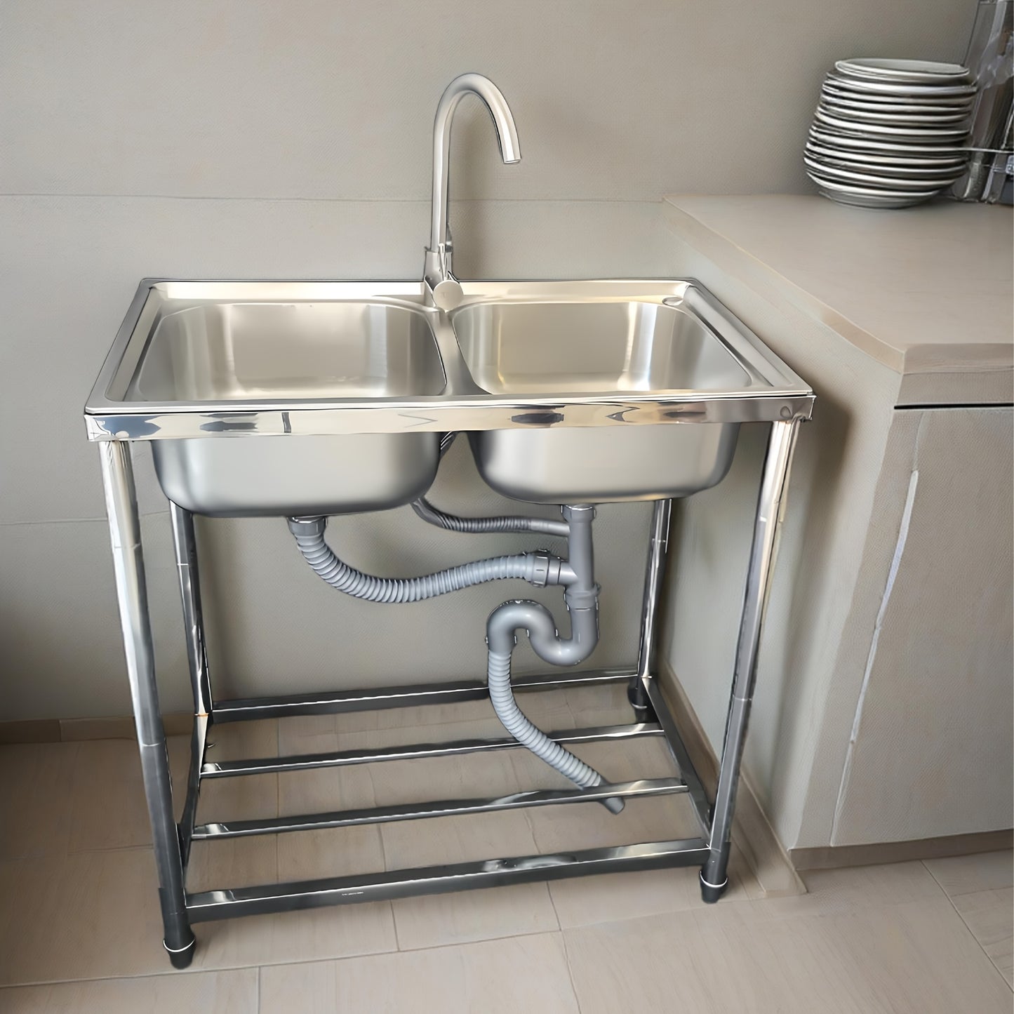 Double sink stainless steel sink with 2 basins, standalone kitchen sink with hot and cold water faucet and drainage kit, suitable for garden and camping