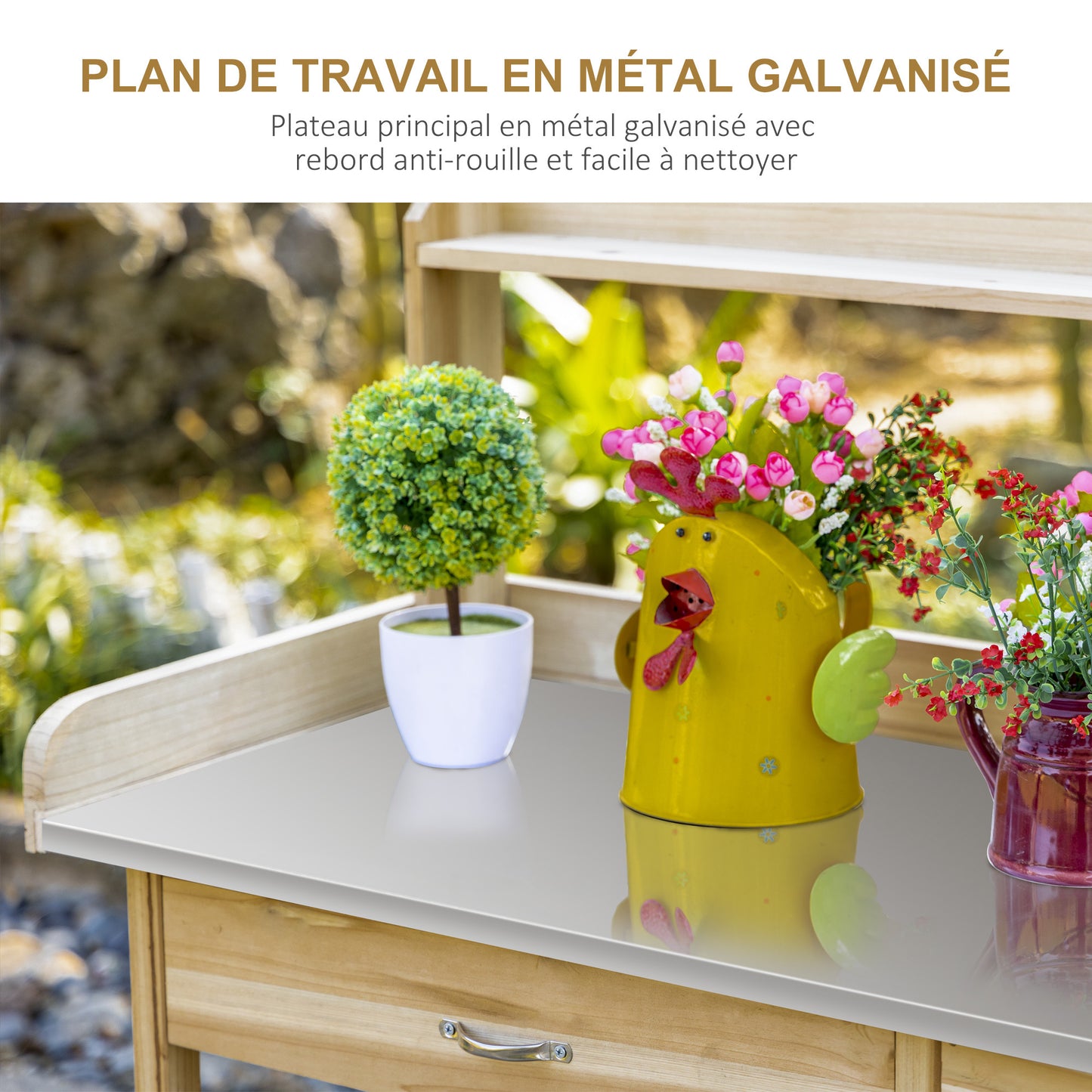 Tuinwerktafel – Tuinbankje – Werkbank – Plantentafel – Vurenhouten Tuinmeubel – Verzinkt Stalen Werkblad Met Rand – Opbergruimte Met Lade En Kastje