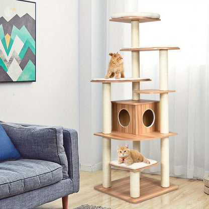 Krabpaal – Kattenboom – Kattenmeubel – Krabmeubel – Krabton – 7-laagse houten kattenboom – Sisal krabpalen en wasbare kussens – Retro bruin-beige design