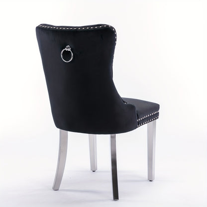 Set of 2 Modern Luxury Tufted Dining Chairs - Solid Wood Frame with Black Velvet Upholstery, Chrome Legs & Nailhead Trim, Plush Cushioned Seats with High Backrest & Curved Arms - Heavy-Duty Contemporary Design for Elegant Din