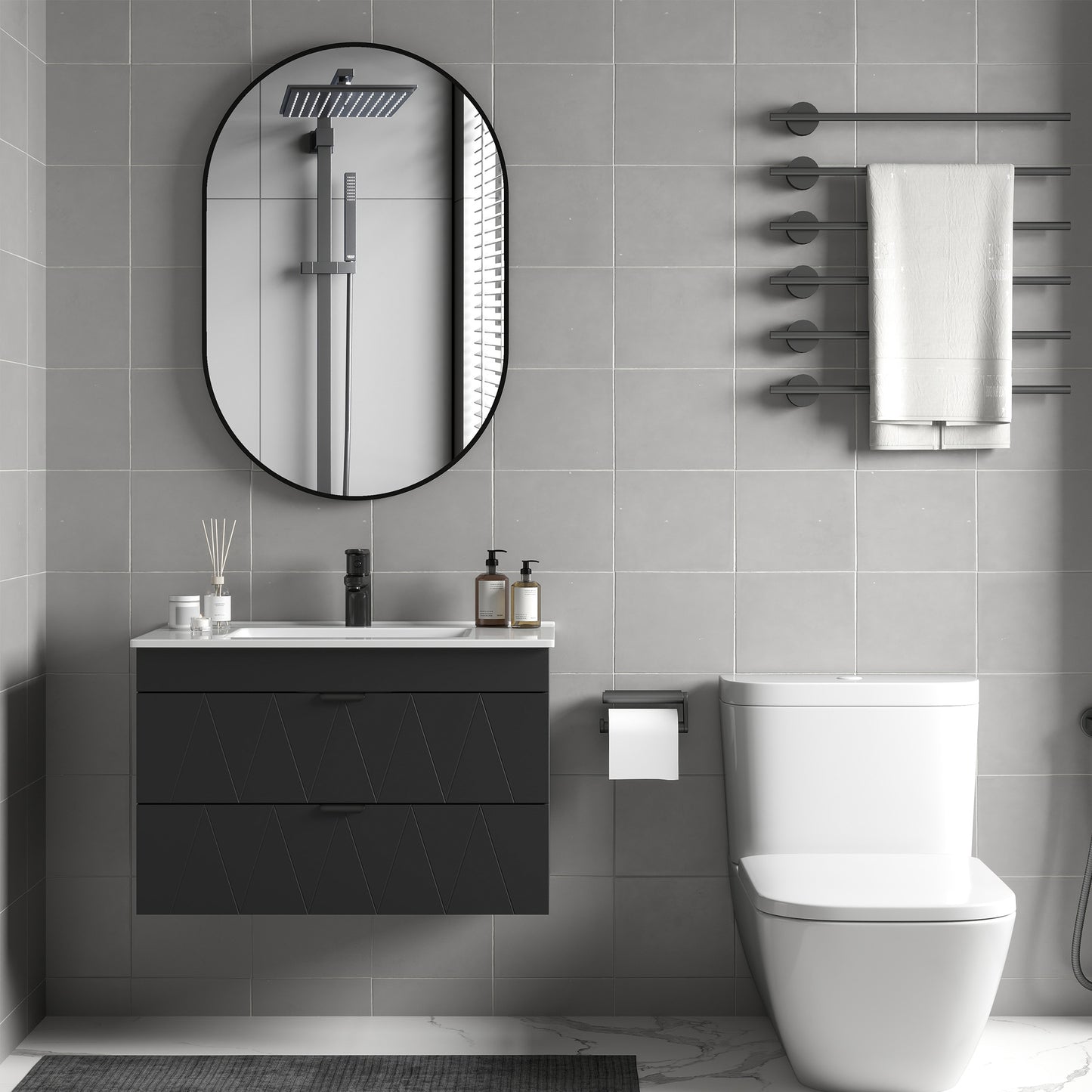 Badkamerkast Wandmeubel – Wastafelmeubel – Badkamermeubel – Opbergkast – Met Keramische Waskom – Zwart Mat – Soft-Close Lades – Ruimtebesparend Design – 76x46x50 cm