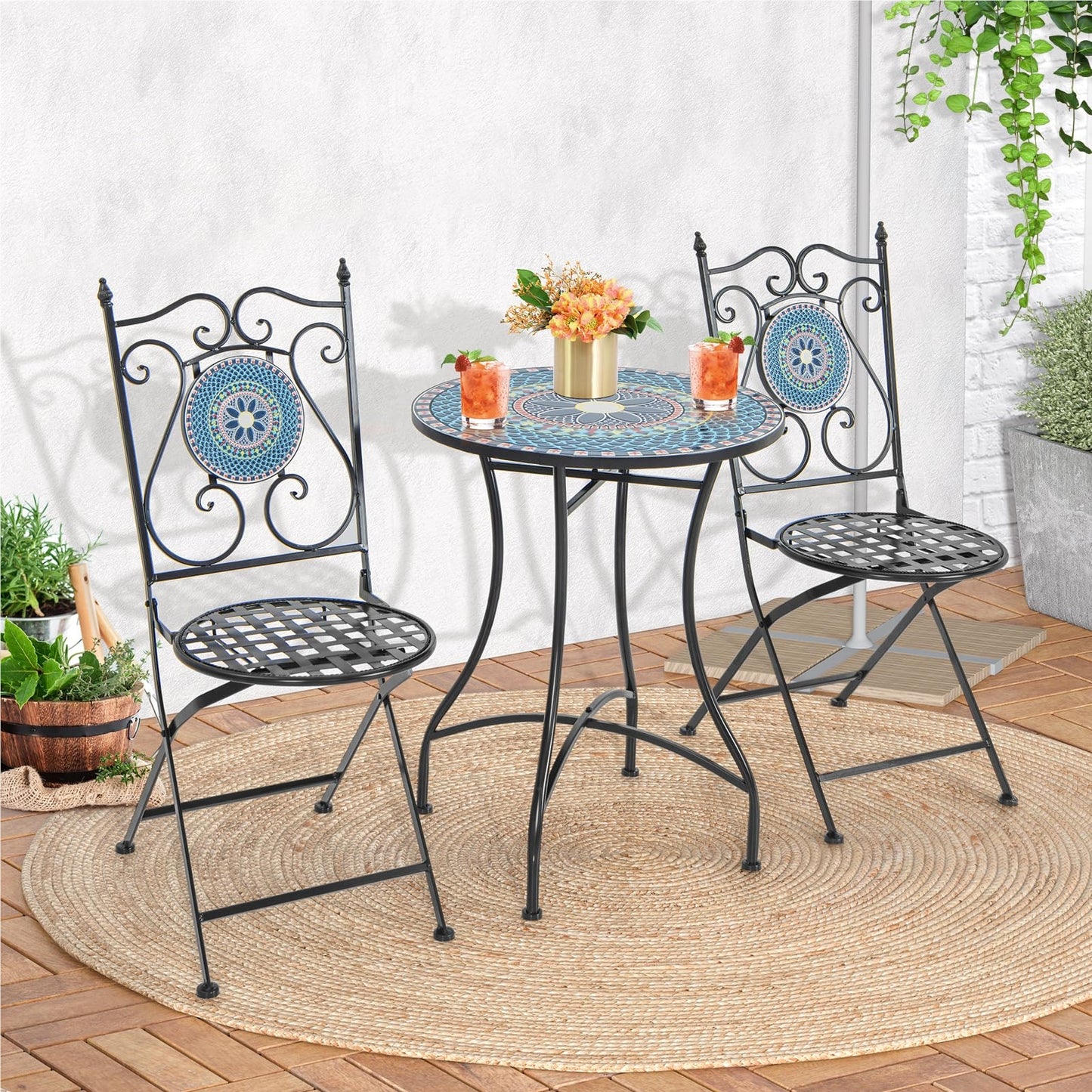 Bistroset – Balkonset – Tuinset – Stoelenset – Tuinmeubel – Mozaïekdesign – 3-delig – Inklapbaar Metalen Frame – Comfortabele Hoge Rugleuningen