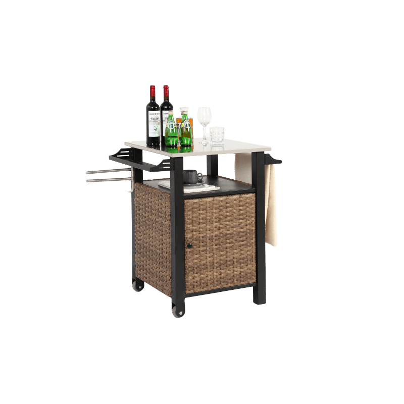 Serveerwagen – Mobiele Barwagen – Barkeep Trolley – Tuinwagen – Keukenwagen – Bruin Rattan Met Roestvrij Stalen Uitschuifbaar Werkblad – Weerbestendig Stalen Frame Met Wieltjes