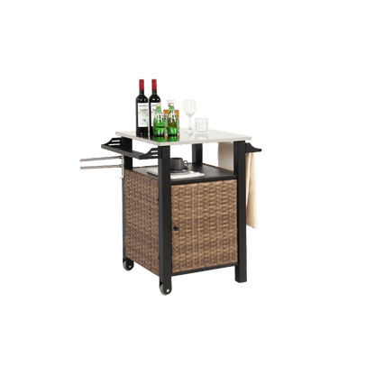 Serveerwagen – Mobiele Barwagen – Barkeep Trolley – Tuinwagen – Keukenwagen – Bruin Rattan Met Roestvrij Stalen Uitschuifbaar Werkblad – Weerbestendig Stalen Frame Met Wieltjes