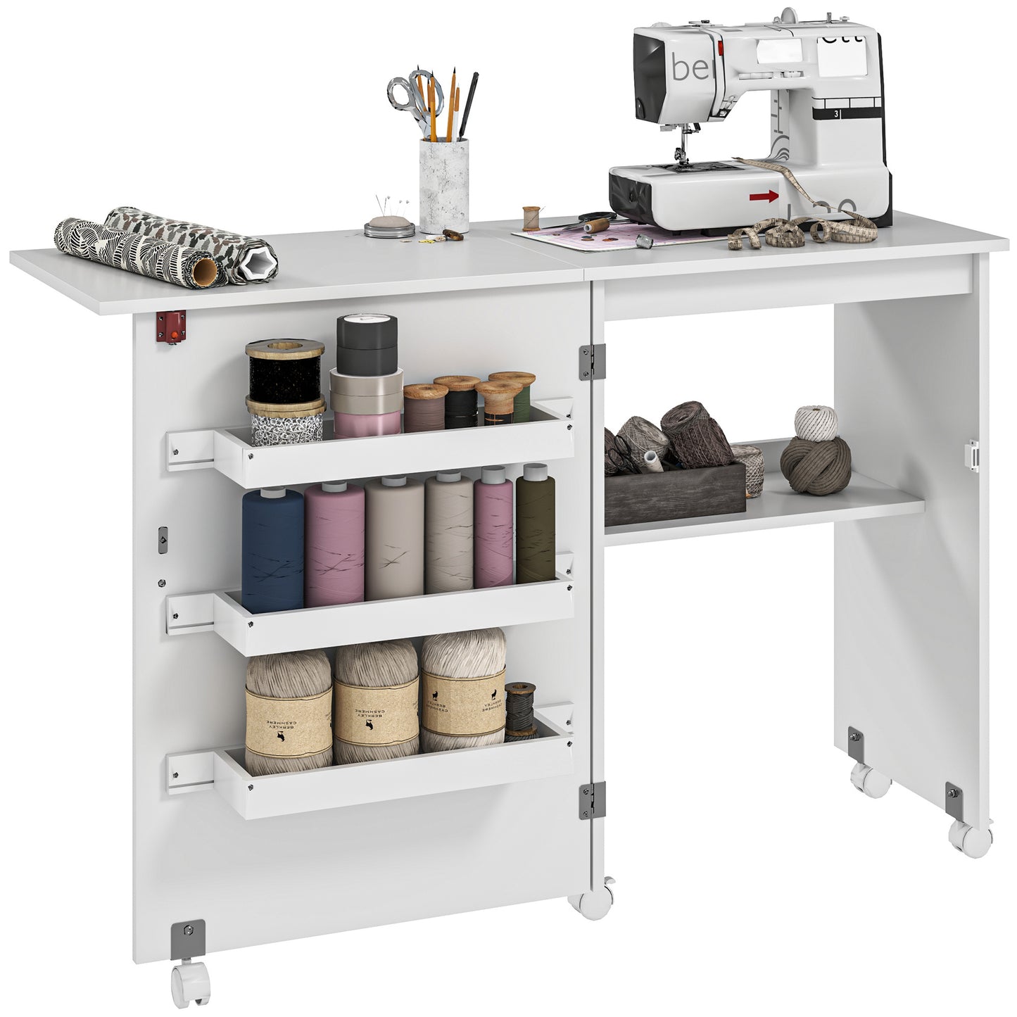 Naaitafel – Naaikast – Werktafel – Hobbytafel – Creatieve Tafel – Inklapbaar Werkblad – Stevig Houten Frame – Opbergruimte Met Wieltjes – Wit – 118x40x79,5 cm
