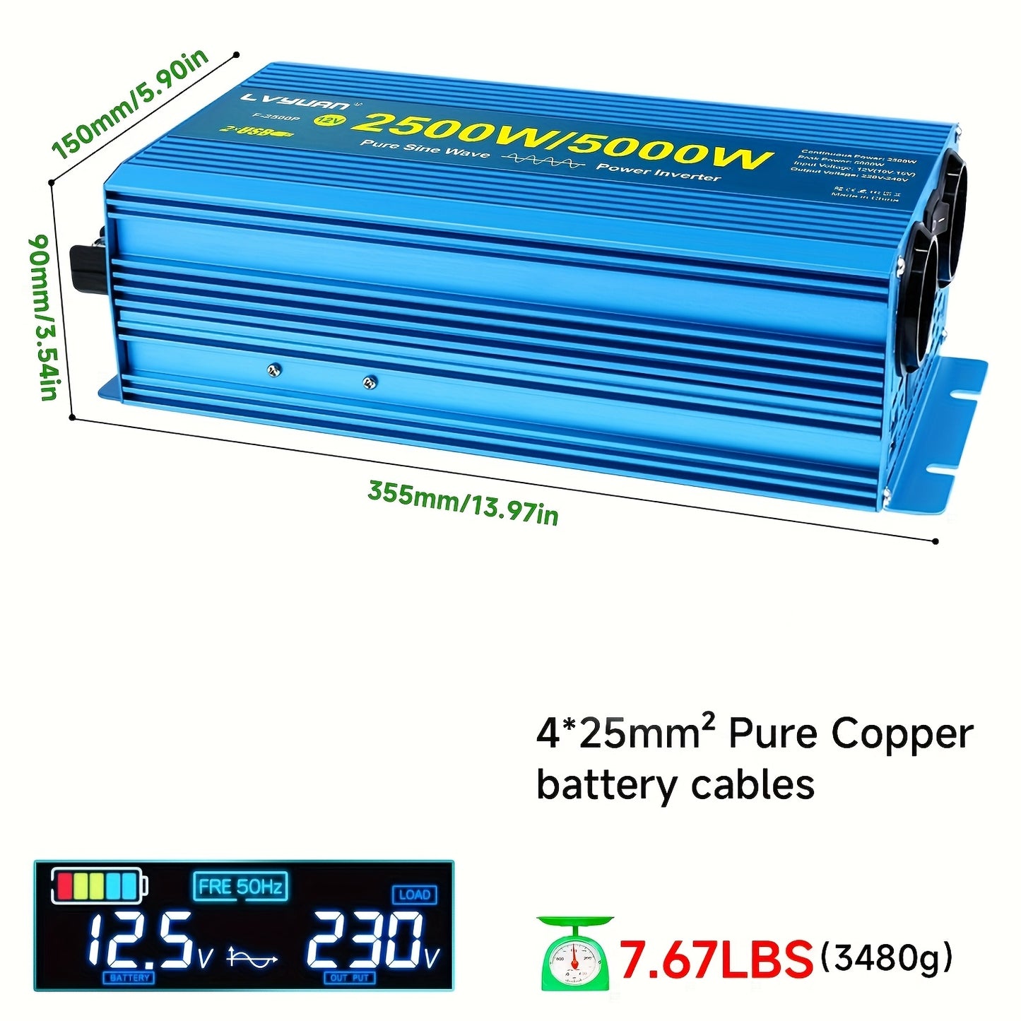 LVYUAN Pure Sine Wave Power Inverter 2500 Watt/5000W (Peak) 12V DC to 220V AC Converter, 2 AC Outlets Car Inverter with LCD Display for Car Boat Truck RV Solar Power Travel Camping, Portable Power Supply, Lightweight Design,