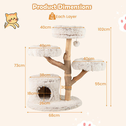 Kattenboom – Krabpaal – Kattenhuis – Klimmeubel – Katten Condo – 102 cm Hoog – Echt Hout Met Natuurlijke Jute Krabpaal