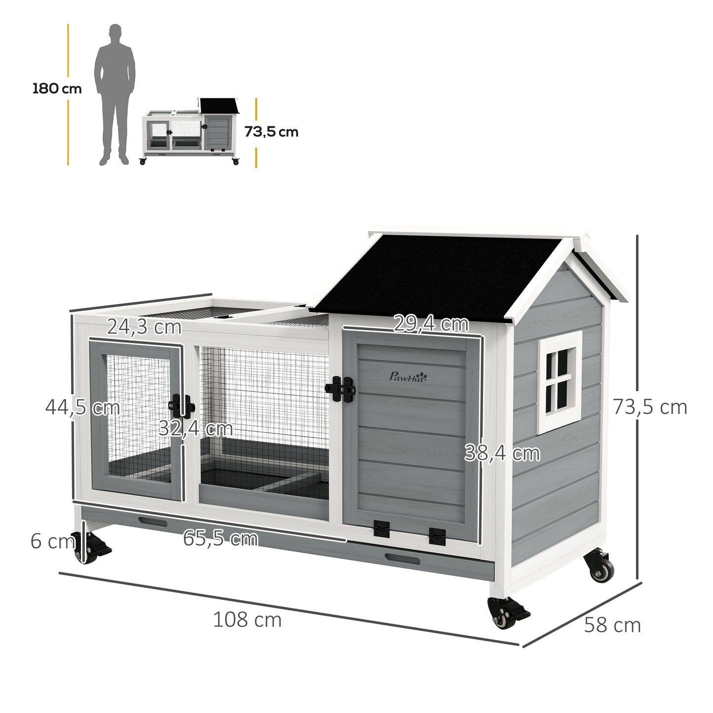 Konijnenkooi – Konijnenhok – Knaagdierkooi – Buitenren – Houten Kooi – Met Wielen – 2 Slotbare Deuren – Uittrekbare Droppingslade – 108x58x73,5 cm