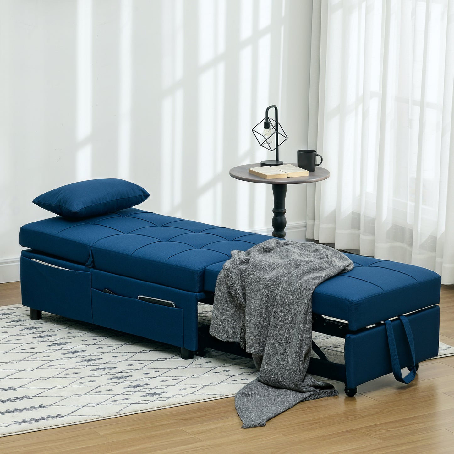Fauteuil Bedbank – 1-Zitsbank – Slaapfauteuil – Loungezetel – Slaapstoel – Verstelbare Rugleuning – Geïntegreerd Kussen – Blauw