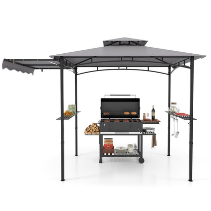 Grillpaviljoen – BBQ Overkapping – Tuinpaviljoen – Grillovertrek – Tuinhoes – Dubbel Dak – Met Zijluifel & Zijtafels – Weerbestendig Grilschap – 318x153x250 cm – Grijs