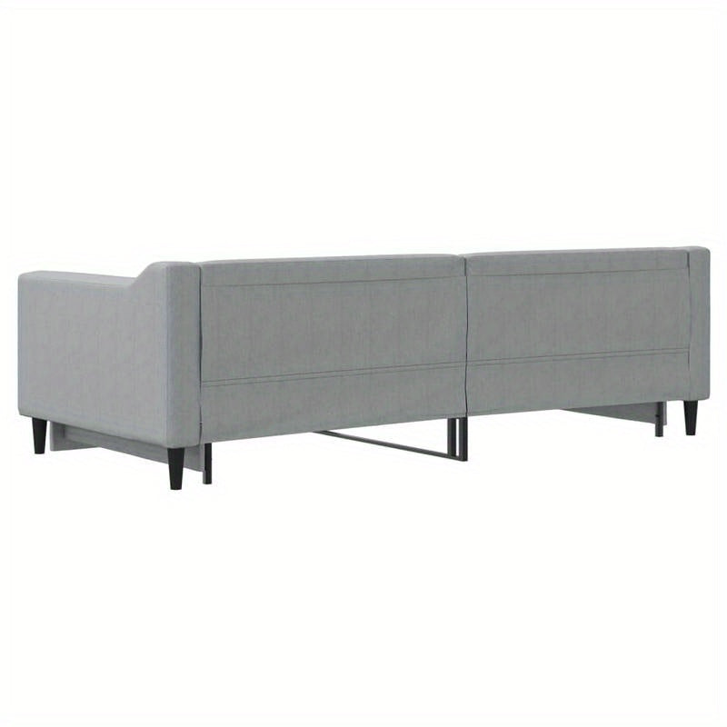 Slaapbank – Bedbank – Bankbed – Logeerbed – Opklapbed – Lichtgrijs Stof – Uitschuifbaar 90x200 cm – Massief Hardhouten Frame