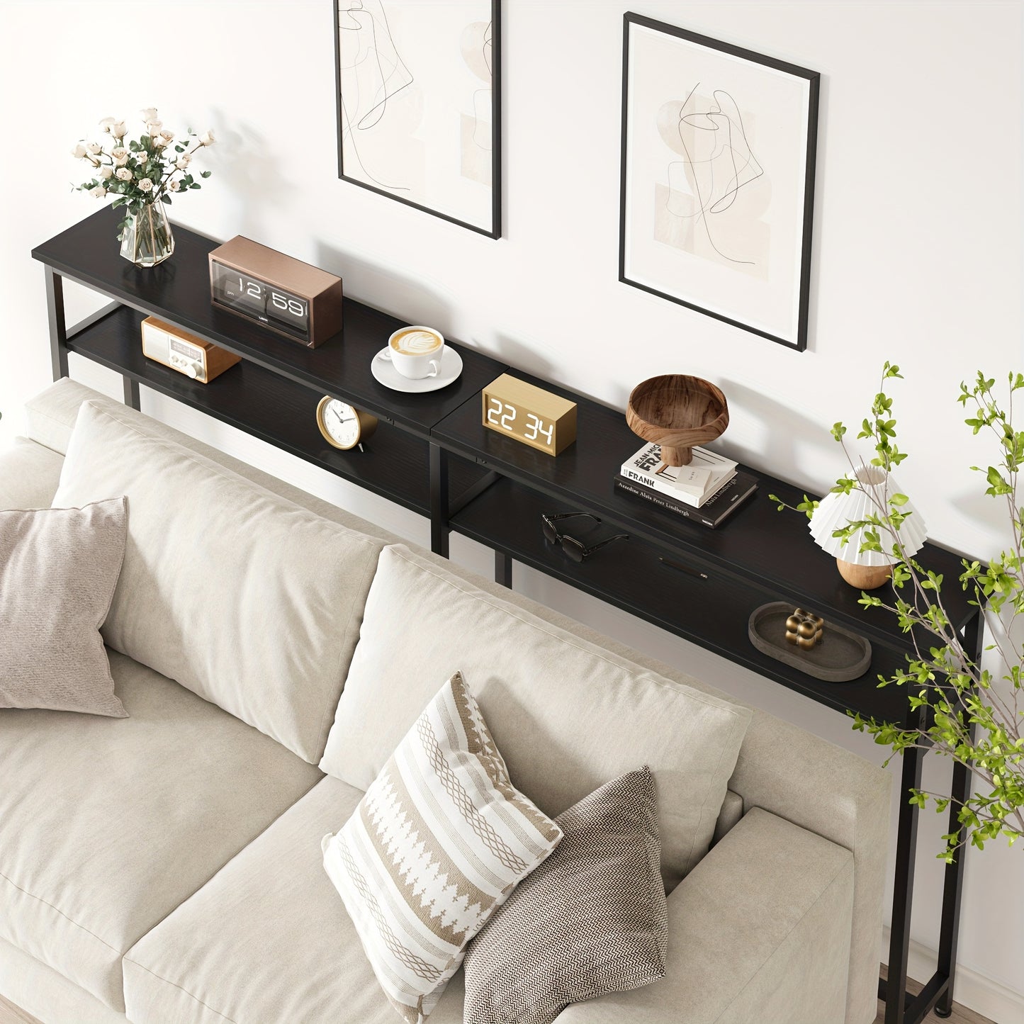 Sidetable – Bijzettafel – Wandtafel – Console Table – Meubel – Smal Lang Model – 2-laags Hardhouten Design – 179,8 cm Lang Achter Bank