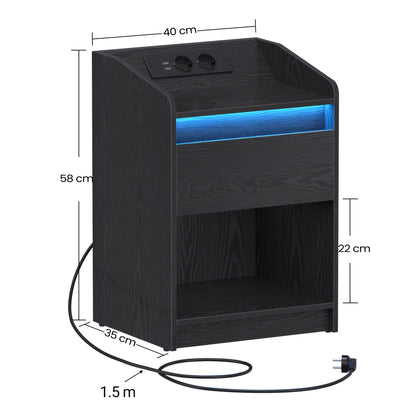 Nachtkastje – Bedside Table – Bijzettafel – Opberglade – Sfeerverlichting – Met LED-Verlichting En Oplaadstation – 2 USB-Poorten En Stopcontacten – Set Van 2 – 35x40x58 Cm – Stevig Hout – Zwart