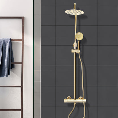 Douchesysteem – Regendouche – Douchekolom – Douchekraan – Doucheplaat – Thermostatisch – Messing Goud – 20 cm Regendouchekop – Verstelbare Hoogte 70-110 cm