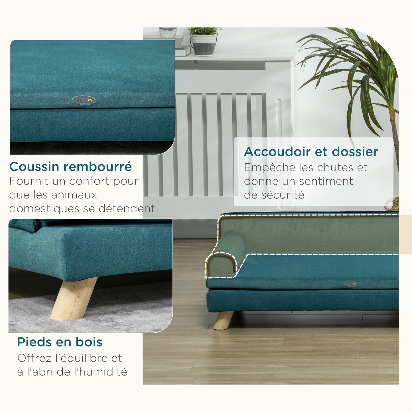 Dierenbank – Huisdieren Sofa – Kattenbank – Hondenbed – Dieren Sofa – Scandinavisch Design – Zacht Kussen – Afneembare Wasbare Hoes – Houten Frame – 100x62x32 cm – Eendblauw