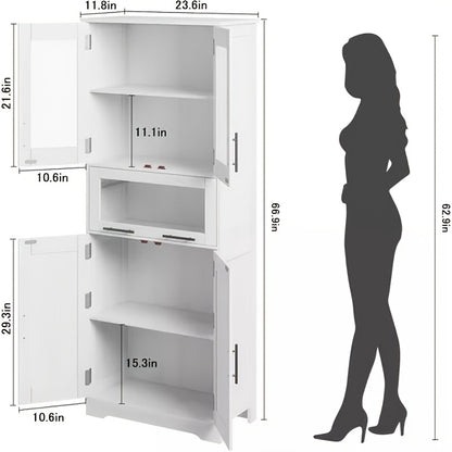 Badkamerkast – Opbergkast – Kolomkast – Wastafelonderkast – Badkamermeubel – Vrijstaand – 170 cm Hoog – Wit Hout – Verstelbare Planken – Ruimtebesparend Design