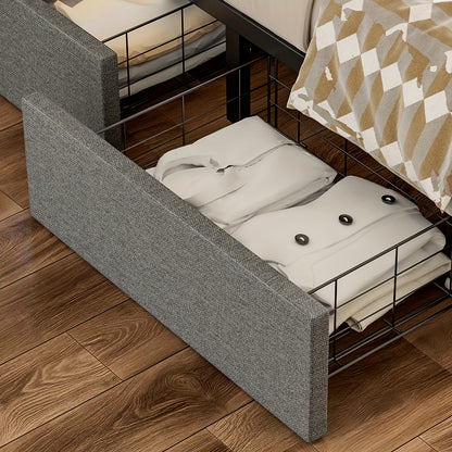 Bedbank – Slaapbank – Slaapstoel – Bankbed – Bedframe – 140x200 cm – Gestoffeerd Grijs Linnen – 4 Lades & USB LED Hoofdbord