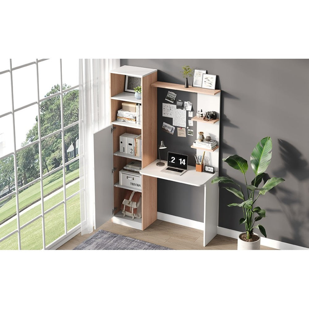 White Modern Metal Workbench & Desk with Lower Cabinet Doors & Upper Shelving - Heavy-Duty Storage Workstation, No Assembly Required, Space-Saving Design for Office, Workshop, - Durable Non-Wood (123.5x45x168.5cm)
