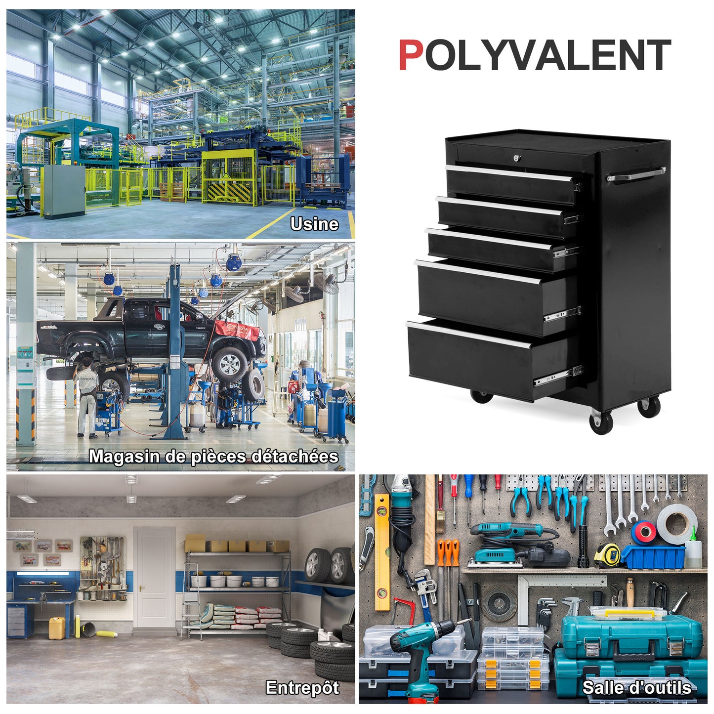 Werkplaatswagen – Gereedschapswagen – Gereedschapskist – Tool trolley – Werkbank kastje – 5 Lades – Vergrendelbaar met Sleutels – Stalen Constructie – Antislip Mat – Zwart