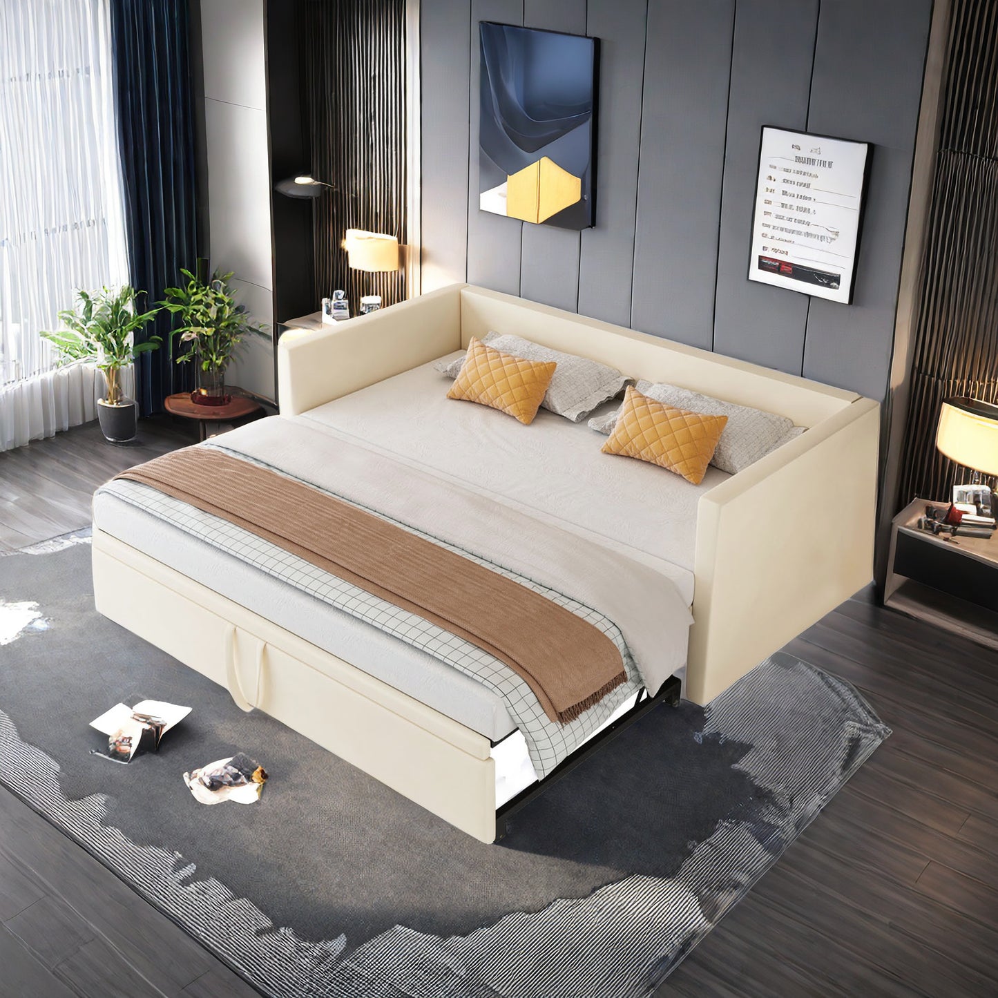 Uitschuifbare Slaapbank – Slaapbank Bedbank – slaapbed – slaapbank 2-persoons – bedbank uitschuifbaar – Velvet Stof – 90/180 x 200 cm – Met Lattenbodem – Beige