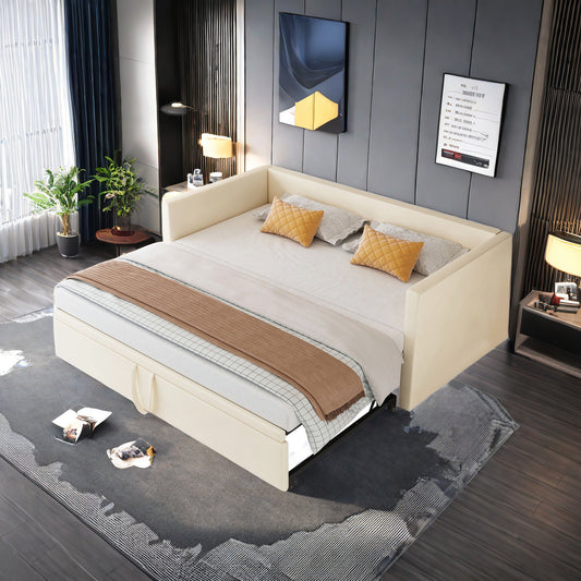 Uitschuifbare Slaapbank – Slaapbank Bedbank – slaapbed – slaapbank 2-persoons – bedbank uitschuifbaar – Velvet Stof – 90/180 x 200 cm – Met Lattenbodem – Beige