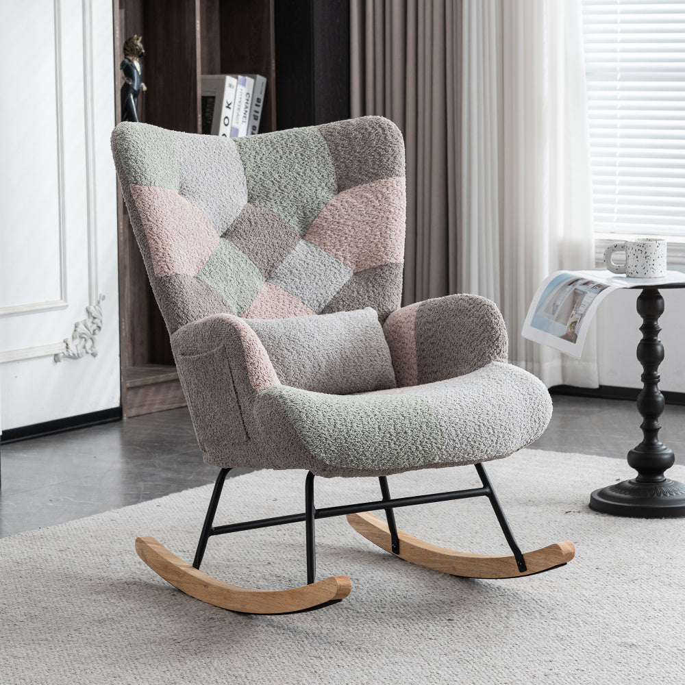 Schommelstoel – Lounge Chair – Fauteuil – Relaxstoel – Tuinstoel – Met rubberhouten frame – Memory foam zitkussen & lendensteun – Inclusief voetenbankje (49x38x37 cm) – Multicolor design
