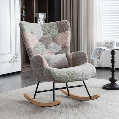 Schommelstoel – Lounge Chair – Fauteuil – Relaxstoel – Tuinstoel – Met rubberhouten frame – Memory foam zitkussen & lendensteun – Inclusief voetenbankje (49x38x37 cm) – Multicolor design