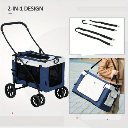 Hondenbuggy – Hondenwagen – Wandelwagen – Draagmand – Huisdierenbuggy – 2-in-1 Functie – Lichtgewicht & Opvouwbaar – Blauw – Voor Kleine Honden