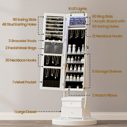 Sieradekastje – Sieradenkast – Jewelry Organizer – Sieradenopberger – Sieradenrek – Vrijstaand – Wit met Zwarte Velvet Voering – Grote Frameloze Spiegel – 90 Vakjes en Slot