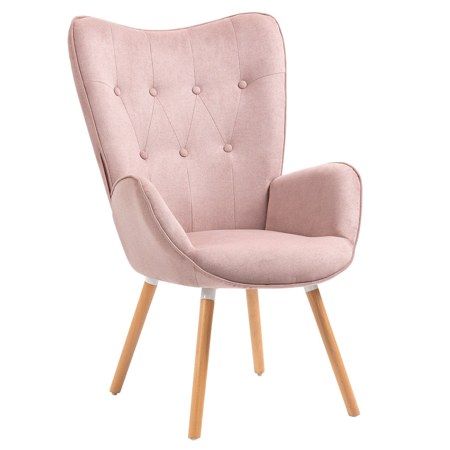 Slaapkamerfauteuil – Lounge Stoel – Zetel – Relaxfauteuil – Living Kamerstoel – Roze Stoffen Bekleding – Scandinavisch Design Met Eiken Houten Poten