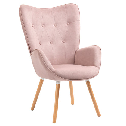 Slaapkamerfauteuil – Lounge Stoel – Zetel – Relaxfauteuil – Living Kamerstoel – Roze Stoffen Bekleding – Scandinavisch Design Met Eiken Houten Poten