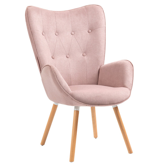 Slaapkamerfauteuil – Lounge Stoel – Zetel – Relaxfauteuil – Living Kamerstoel – Roze Stoffen Bekleding – Scandinavisch Design Met Eiken Houten Poten