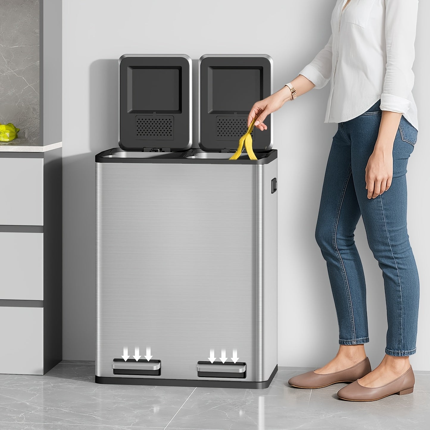 Keukenprullenbak – Afvalbak – Pedaalprullenbak – Afvalscheidingsbak – Prullenbak RVS – 60 Liter 2 Compartimenten – Slow-Close Deksel – Inclusief 15 Afvalzakken