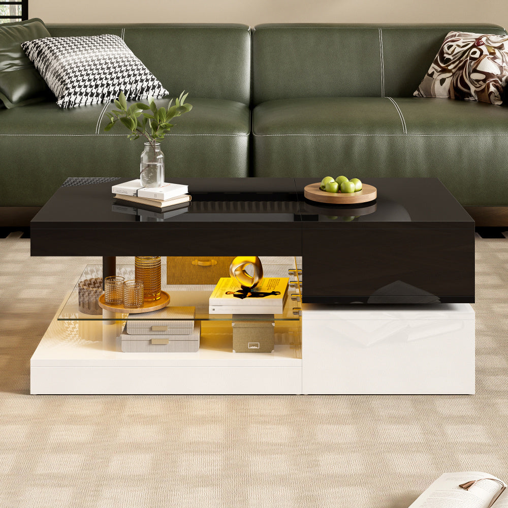 Modern Black & White Glass Top Coffee Table with Glossy Surface & Lower Shelf - Heavy-Duty Non-Wood Construction, Easy Assembly, Minimalist Living Room Center Table for Home Decor, Durable Glass Shelves & Smooth Edges, Space-