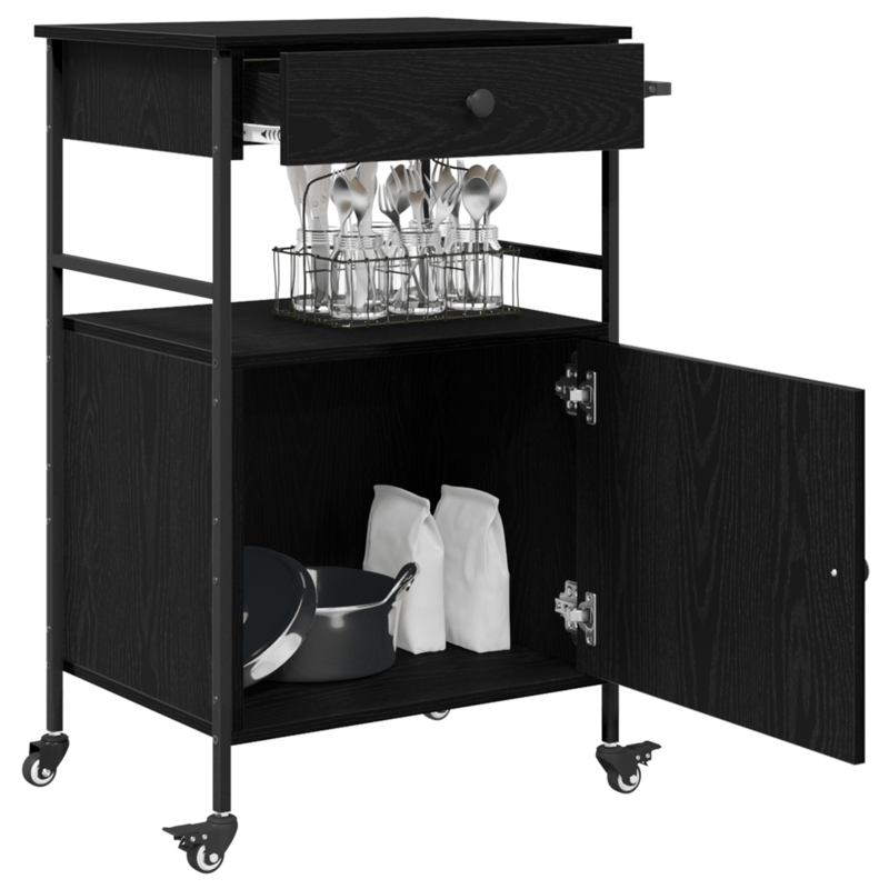 Kitchen Trolley in Black Oak – 56×43×89.5 cm, Processed Wood, Multi-Layer Storage, Rollable. Ideal for Kitchen, Dining Room. Seriously Textured, Sturdy, Durable, Practical, and Versatile