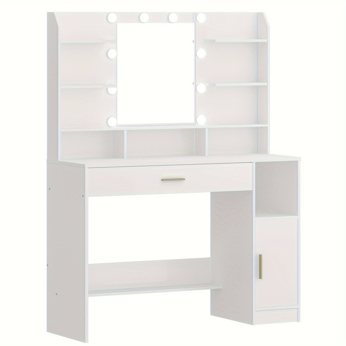 Make-uptafel – Make-uptafel – Schminktisch – Dressoir – Kaptafel – Witte Afwerking – Grote Tafelplaat – Verstelbare Verlichting – Opbergkasten en Lades – Open Planken