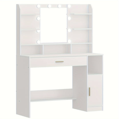 Make-uptafel – Make-uptafel – Schminktisch – Dressoir – Kaptafel – Witte Afwerking – Grote Tafelplaat – Verstelbare Verlichting – Opbergkasten en Lades – Open Planken